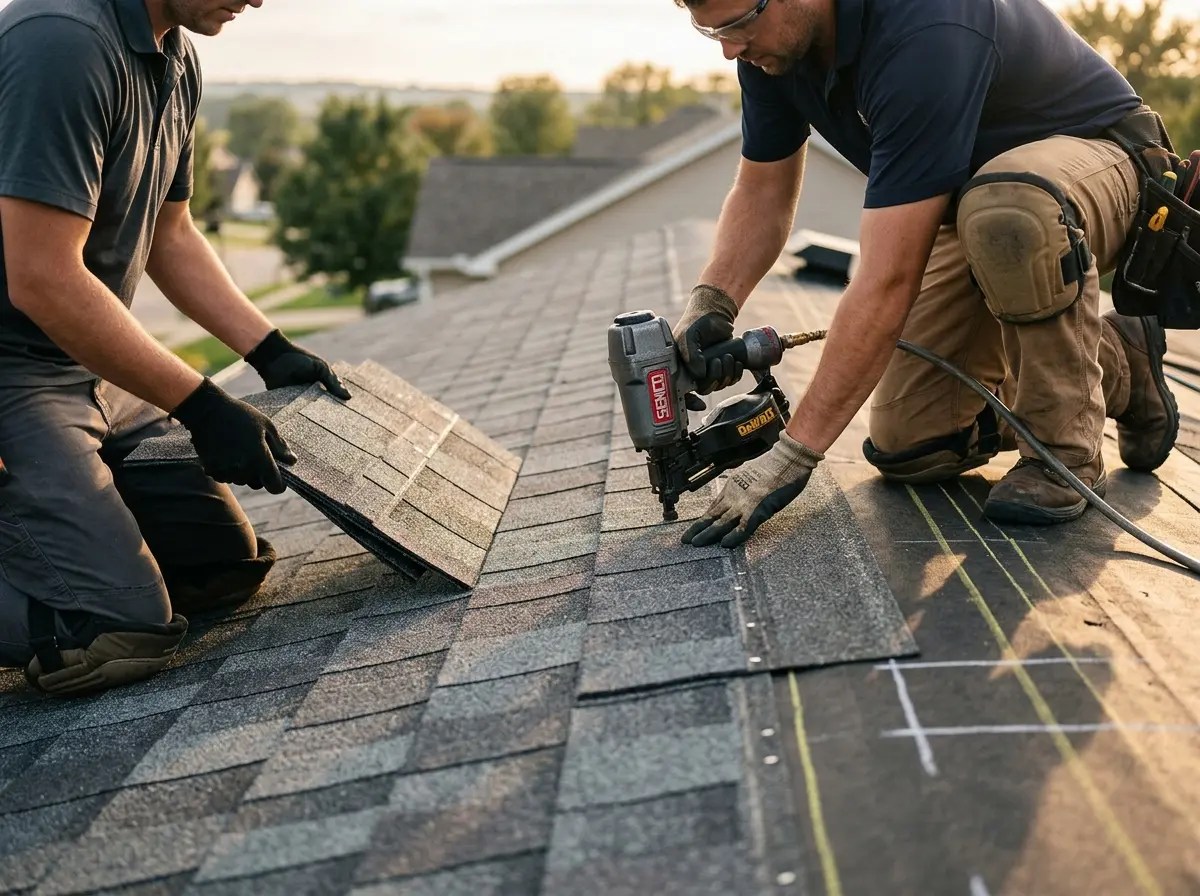 Professional roofer working on a residential roof in North Liberty
